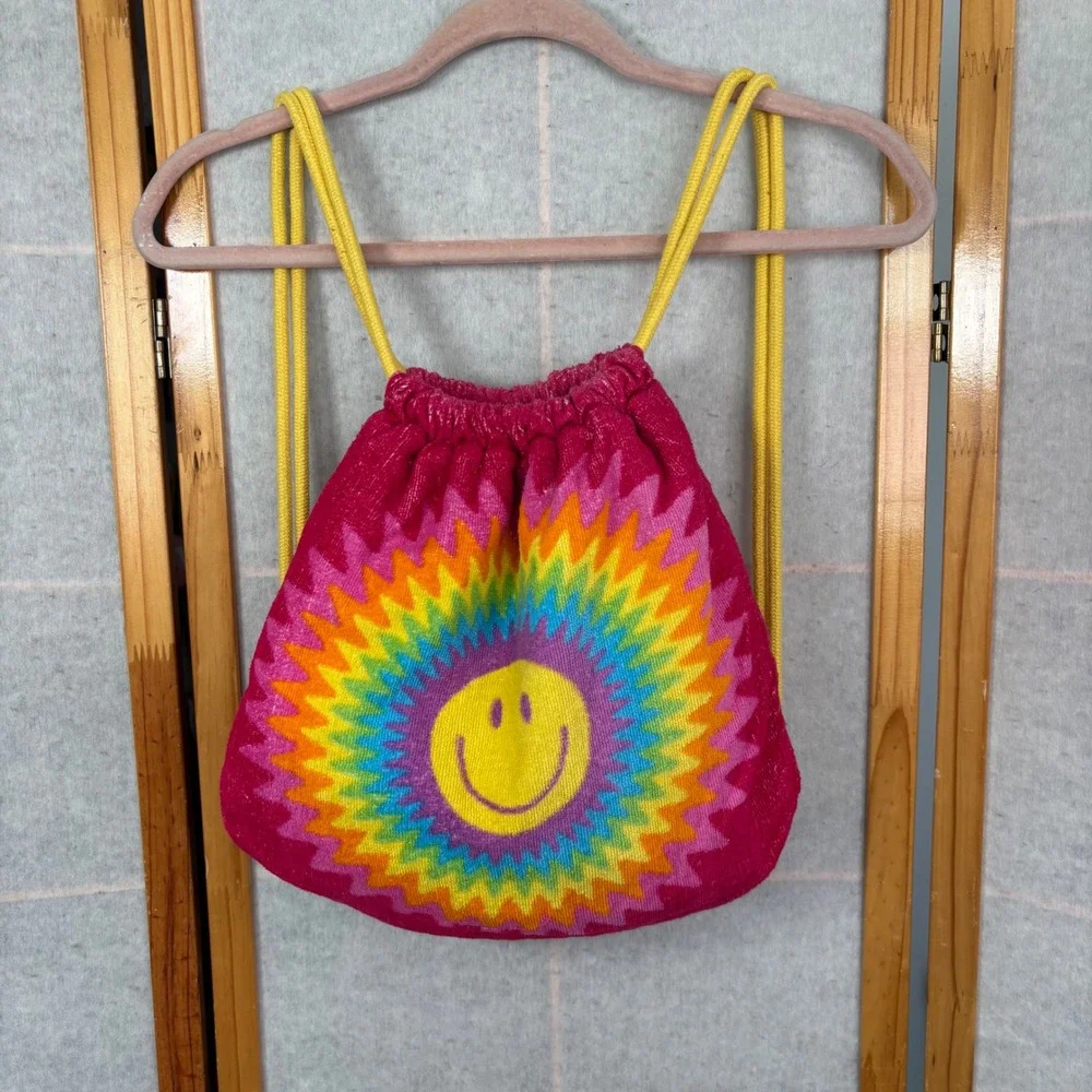 VTG Retro Groovy Rainbow Smiley‎ Face Beach Towel Drawstring Bag Pink 100 Cotton